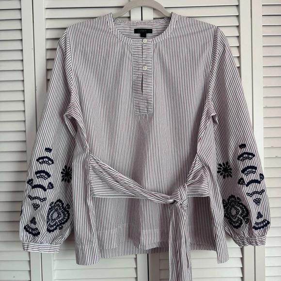 J. CREW Embroidered Sleeves Tie Front Tunic Shirt Blouse Multi Color Size Medium - Picture 4 of 11